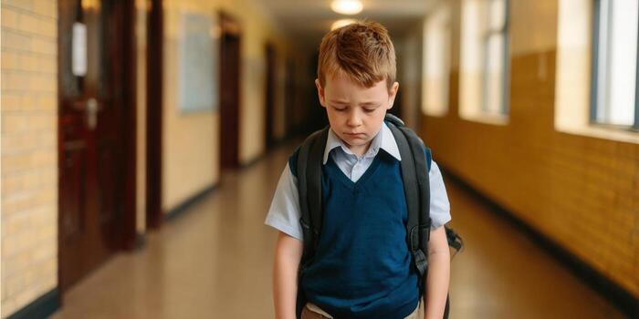 dEJANDO HUELLA a sad boy walking down the school hallway looking down appearing troubled photo